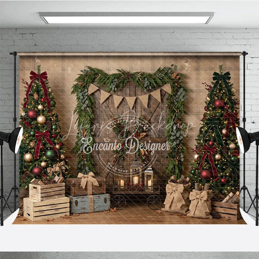 Lofaris Rustic Wooden Door Christmas Trees Holiday Backdrop Festive Red Green Decor and Burlap Presents