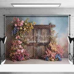 Lofaris Rustic Wooden Door Photography Backdrop Spring Flowers on Textured Wall Fine Art Painterly Photo Background