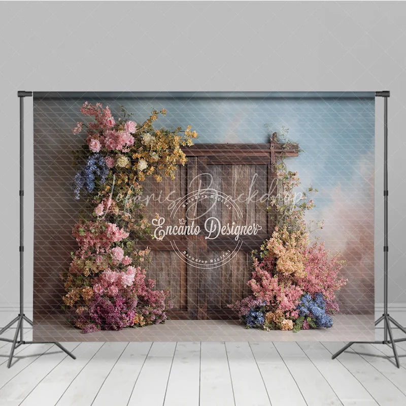 Lofaris Rustic Wooden Door Photography Backdrop Spring Flowers on Textured Wall Fine Art Painterly Photo Background