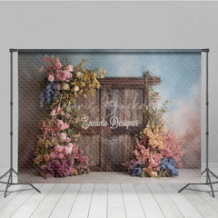 Lofaris Rustic Wooden Door Photography Backdrop Spring Flowers on Textured Wall Fine Art Painterly Photo Background
