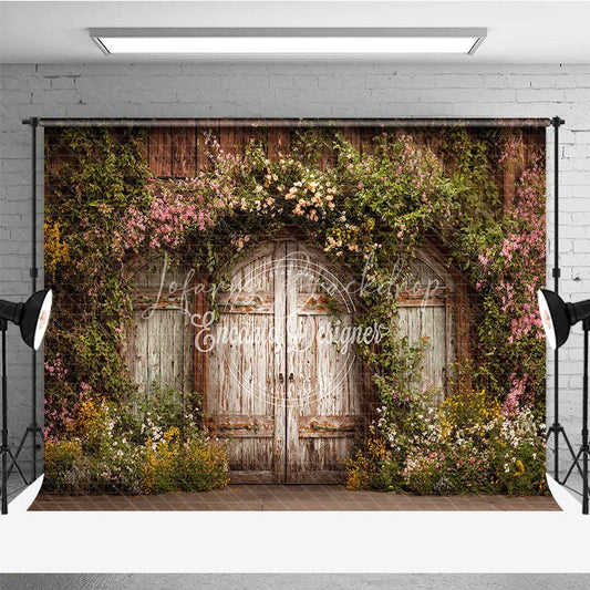 Lofaris Rustic Wooden Door Photography Backdrop with Blooming Floral Vines Vintage Garden Spring Photo Background