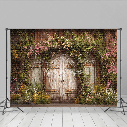 Lofaris Rustic Wooden Door Photography Backdrop with Blooming Floral Vines Vintage Garden Spring Photo Background