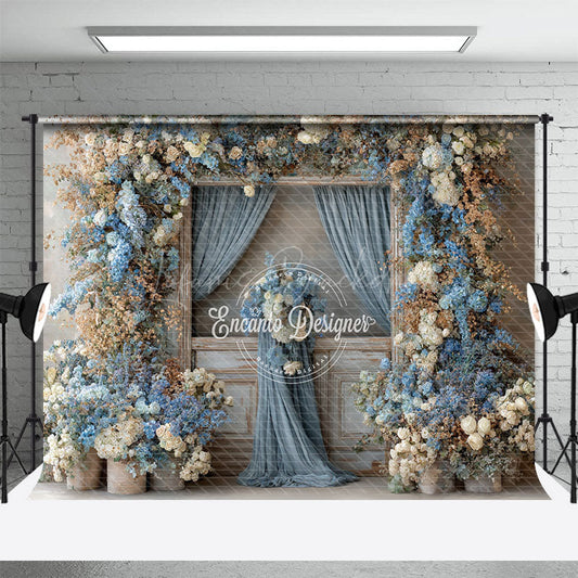 Lofaris Rustic Wooden Door Photography Backdrop with Dusty Blue Floral Farmhouse Wedding Moody Photo Background