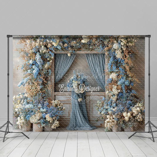 Lofaris Rustic Wooden Door Photography Backdrop with Dusty Blue Floral Farmhouse Wedding Moody Photo Background
