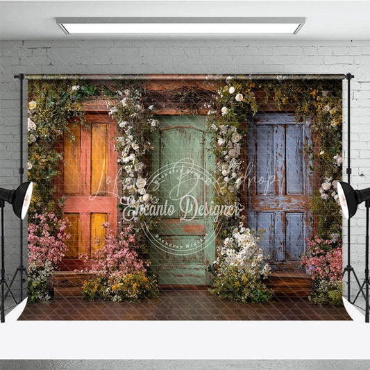 Lofaris Rustic Wooden Doors with Vibrant Floral Garlands Photography Backdrop Enchanted Garden Theme for Spring and Summer