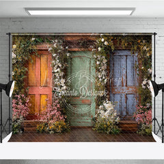 Lofaris Rustic Wooden Doors with Vibrant Floral Garlands Photography Backdrop Enchanted Garden Theme for Spring and Summer