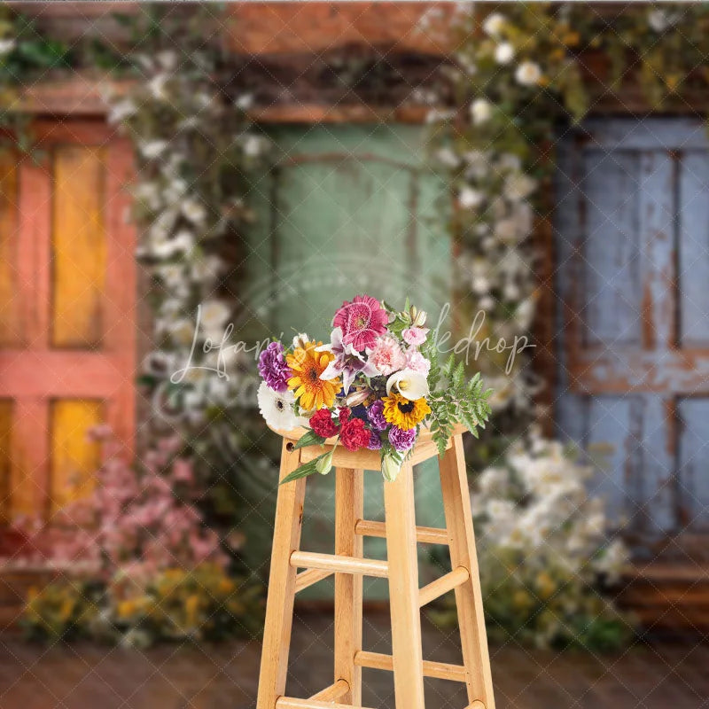 Lofaris Rustic Wooden Doors with Vibrant Floral Garlands Photography Backdrop Enchanted Garden Theme for Spring and Summer