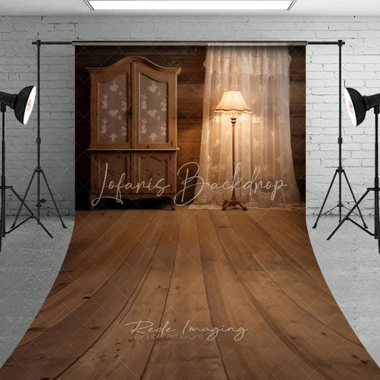 Lofaris Rustic Wooden Floor and Wall Sweep Backdrop Vintage Cabinet with Lace Curtain Warm Lamp