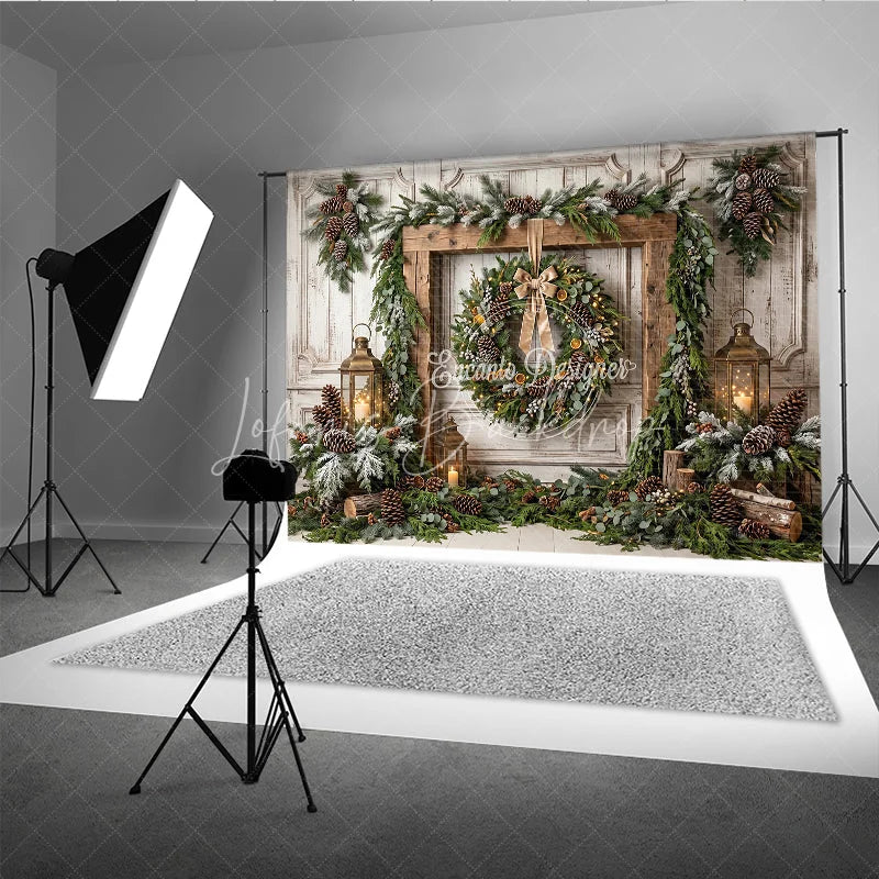 Lofaris Rustic Wooden Frame Holiday Backdrop with Festive Wreath Frosted Pinecones Warm Lanterns for Winter Celebration