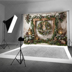 Lofaris Rustic Wooden Frame Holiday Backdrop with Festive Wreath Frosted Pinecones Warm Lanterns for Winter Celebration