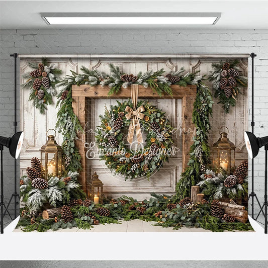 Lofaris Rustic Wooden Frame Holiday Backdrop with Festive Wreath Frosted Pinecones Warm Lanterns for Winter Celebration