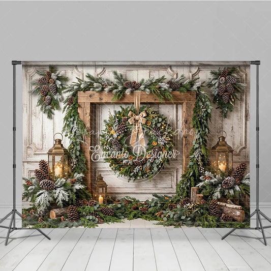 Lofaris Rustic Wooden Frame Holiday Backdrop with Festive Wreath Frosted Pinecones Warm Lanterns for Winter Celebration