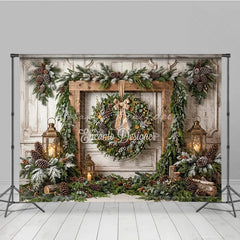 Lofaris Rustic Wooden Frame Holiday Backdrop with Festive Wreath Frosted Pinecones Warm Lanterns for Winter Celebration