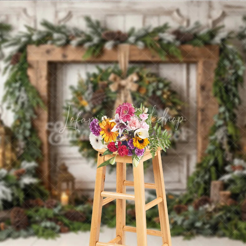 Lofaris Rustic Wooden Frame Holiday Backdrop with Festive Wreath Frosted Pinecones Warm Lanterns for Winter Celebration