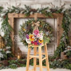 Lofaris Rustic Wooden Frame Holiday Backdrop with Festive Wreath Frosted Pinecones Warm Lanterns for Winter Celebration