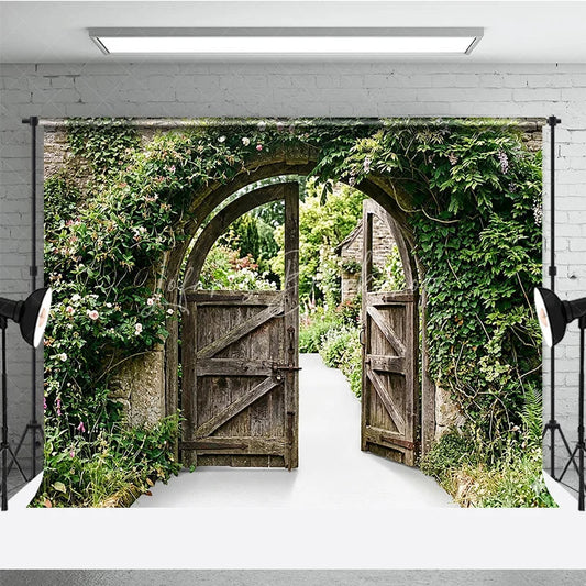 Lofaris Rustic Wooden Gate and Stone Wall Photography Backdrop Enchanting Garden Archway with Green Vines Flowers