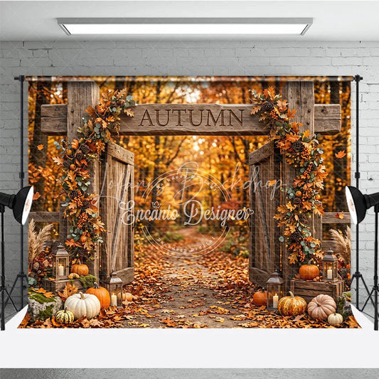 Lofaris Rustic Wooden Gate Autumn Photography Backdrop with Fall Leaves Pumpkins and Lanterns Harvest Decor.