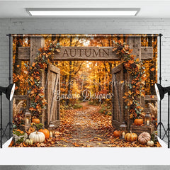 Lofaris Rustic Wooden Gate Autumn Photography Backdrop with Fall Leaves Pumpkins and Lanterns Harvest Decor.