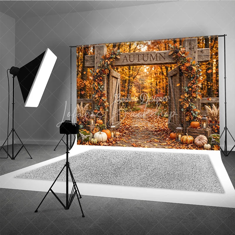 Lofaris Rustic Wooden Gate Autumn Photography Backdrop with Fall Leaves Pumpkins and Lanterns Harvest Decor.