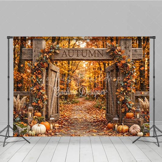 Lofaris Rustic Wooden Gate Autumn Photography Backdrop with Fall Leaves Pumpkins and Lanterns Harvest Decor.