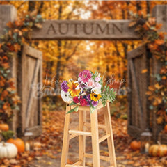 Lofaris Rustic Wooden Gate Autumn Photography Backdrop with Fall Leaves Pumpkins and Lanterns Harvest Decor.