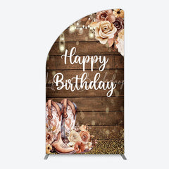 Lofaris Rustic Wooden Happy Birthday half moon arch backdrop with Cowboy Boots String Lights and Floral Decor