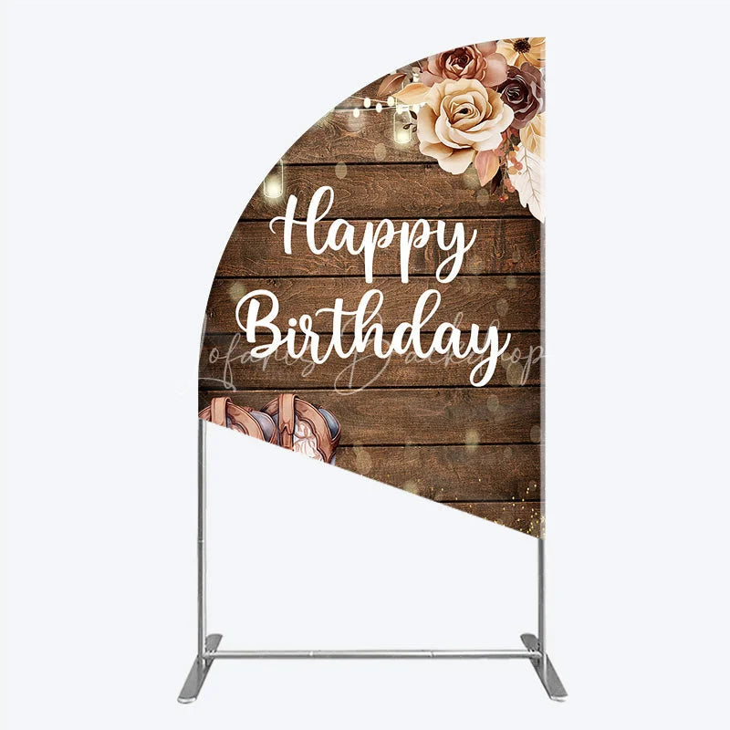 Lofaris Rustic Wooden Happy Birthday half moon arch backdrop with Cowboy Boots String Lights and Floral Decor