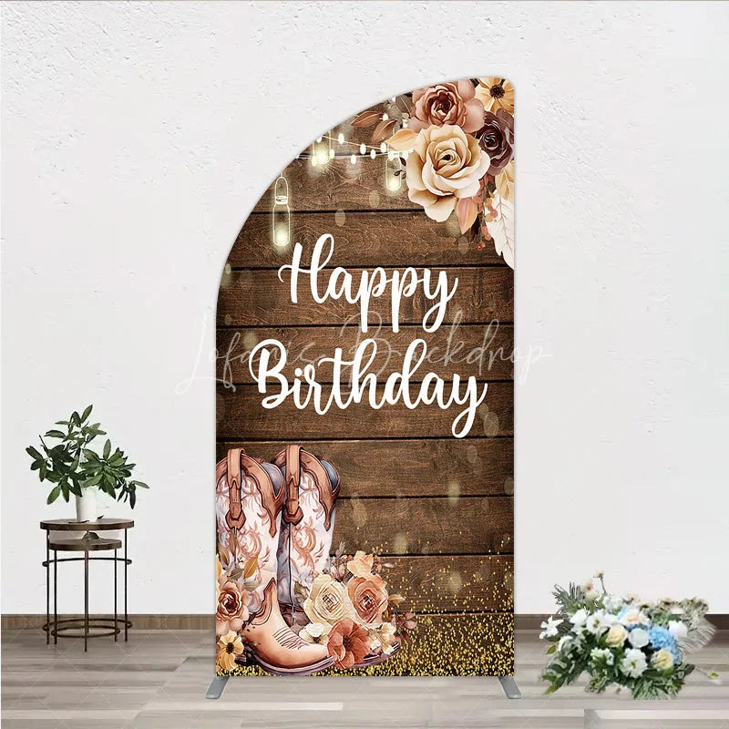 Lofaris Rustic Wooden Happy Birthday half moon arch backdrop with Cowboy Boots String Lights and Floral Decor
