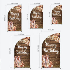 Lofaris Rustic Wooden Happy Birthday half moon arch backdrop with Cowboy Boots String Lights and Floral Decor