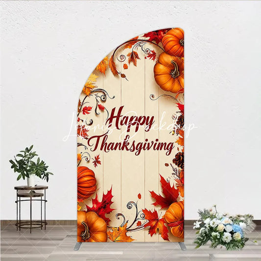 Lofaris Rustic Wooden Happy Thanksgiving Half Moon Arch Backdrop Autumn Pumpkins and Fall Leaves Decor