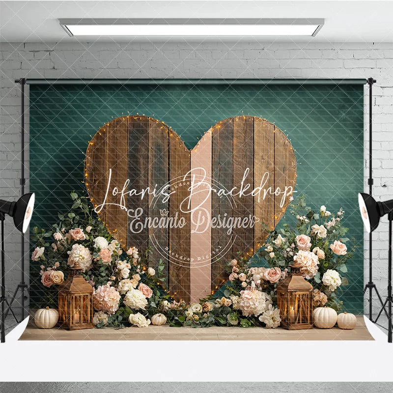 Lofaris Rustic Wooden Heart Photography Backdrop with String Lights Pink Flowers and Autumn Pumpkins Dark Teal Background