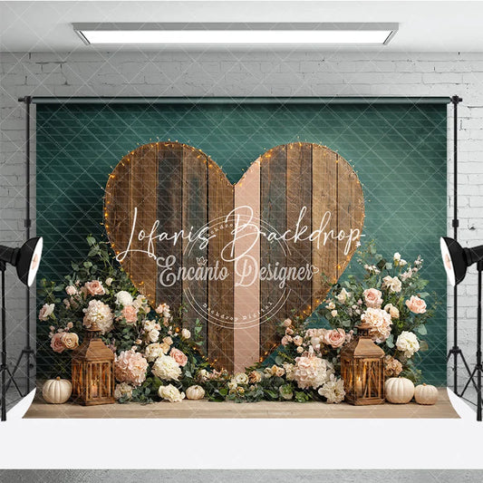 Lofaris Rustic Wooden Heart Photography Backdrop with String Lights Pink Flowers and Autumn Pumpkins Dark Teal Background