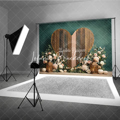 Lofaris Rustic Wooden Heart Photography Backdrop with String Lights Pink Flowers and Autumn Pumpkins Dark Teal Background