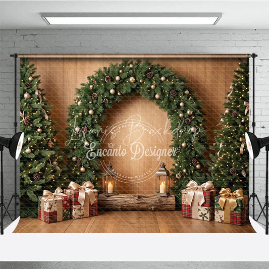 Lofaris Rustic Wooden Holiday Backdrop with Decorated Christmas Trees Festive Garland Arch and Golden Ornaments