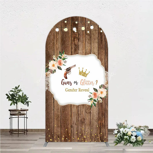 Lofaris Rustic Wooden Plank Cowboy and Glitter Crown Gender Reveal Arch Backdrop Kit String Lights Decor