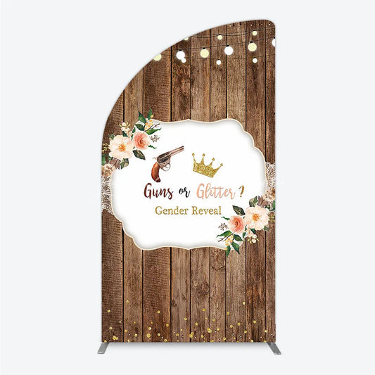 Lofaris Rustic Wooden Plank Cowboy and Glitter Crown Gender Reveal Half Moon Arch Backdrop Kit String Lights Decor