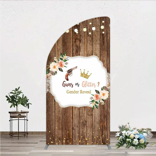 Lofaris Rustic Wooden Plank Cowboy and Glitter Crown Gender Reveal Half Moon Arch Backdrop Kit String Lights Decor