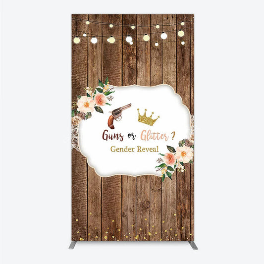 Lofaris Rustic Wooden Plank Cowboy and Glitter Crown Gender Reveal Rectangle Backdrop Kit String Lights Decor