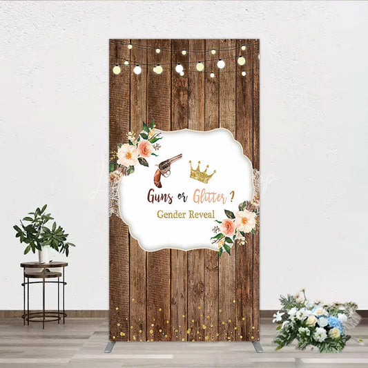Lofaris Rustic Wooden Plank Cowboy and Glitter Crown Gender Reveal Rectangle Backdrop Kit String Lights Decor