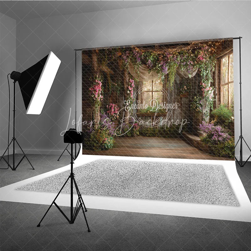 Lofaris Rustic Wooden Room Floral Photography Backdrop Enchanted Garden Window Twinkling Fairy Lights for Studio Portraits