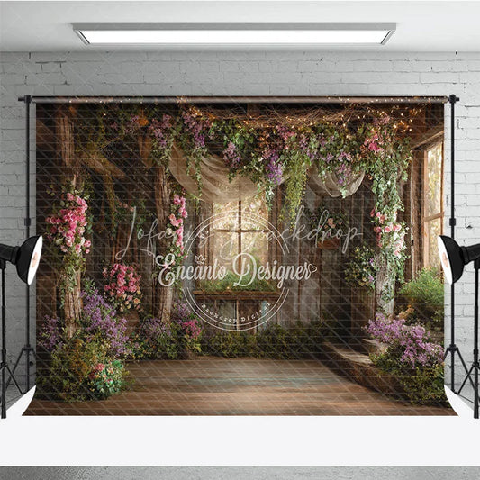 Lofaris Rustic Wooden Room Floral Photography Backdrop Enchanted Garden Window Twinkling Fairy Lights for Studio Portraits