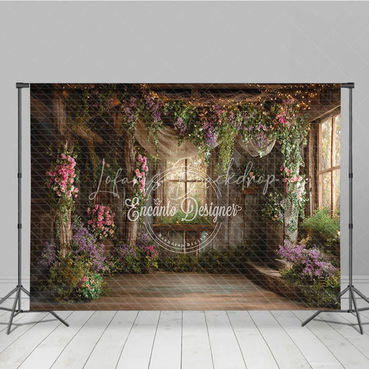 Lofaris Rustic Wooden Room Floral Photography Backdrop Enchanted Garden Window Twinkling Fairy Lights for Studio Portraits