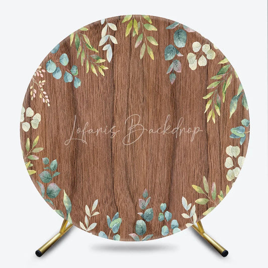 Lofaris Rustic Wooden Round Backdrop with Green Eucalyptus Leaves Elegant Natural Botanical Photo Booth Decor.