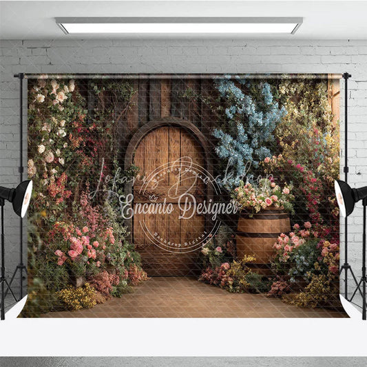Lofaris Rustic Wooden Round Door Photography Backdrop Enchanted Garden with Lush Floral Archway and Barrel Decor