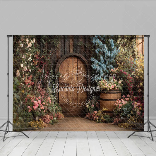 Lofaris Rustic Wooden Round Door Photography Backdrop Enchanted Garden with Lush Floral Archway and Barrel Decor