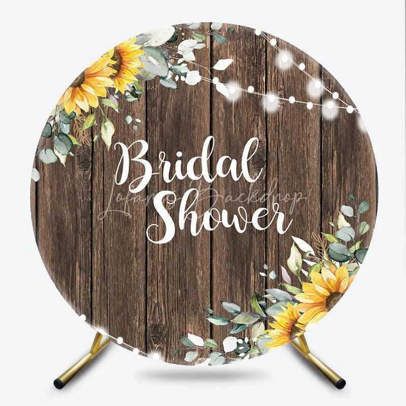 Lofaris Rustic Wooden Sunflower and Eucalyptus Bridal Shower Round Backdrop with Twinkle String Lights Decor