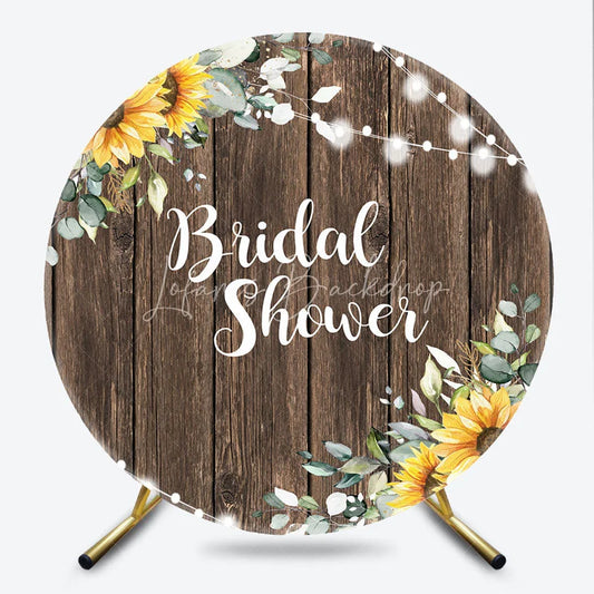 Lofaris Rustic Wooden Sunflower and Eucalyptus Bridal Shower Round Backdrop with Twinkle String Lights Decor