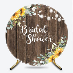Lofaris Rustic Wooden Sunflower and Eucalyptus Bridal Shower Round Backdrop with Twinkle String Lights Decor