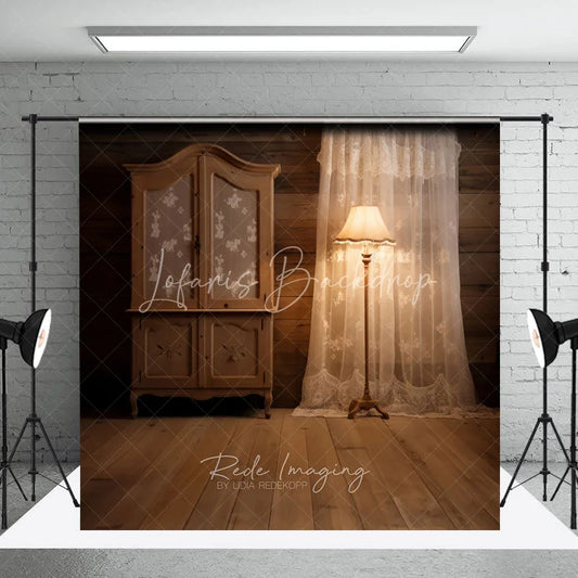 Lofaris Rustic Wooden Wall and Floor Photography Backdrop Vintage Cabinet with Lace Curtain Warm Lamp