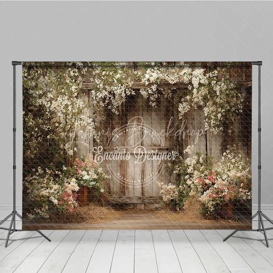 Lofaris Rustic Wooden Wall with White and Pink Flowers Photography Backdrop Spring Summer Floral Arch for Wedding Portrait